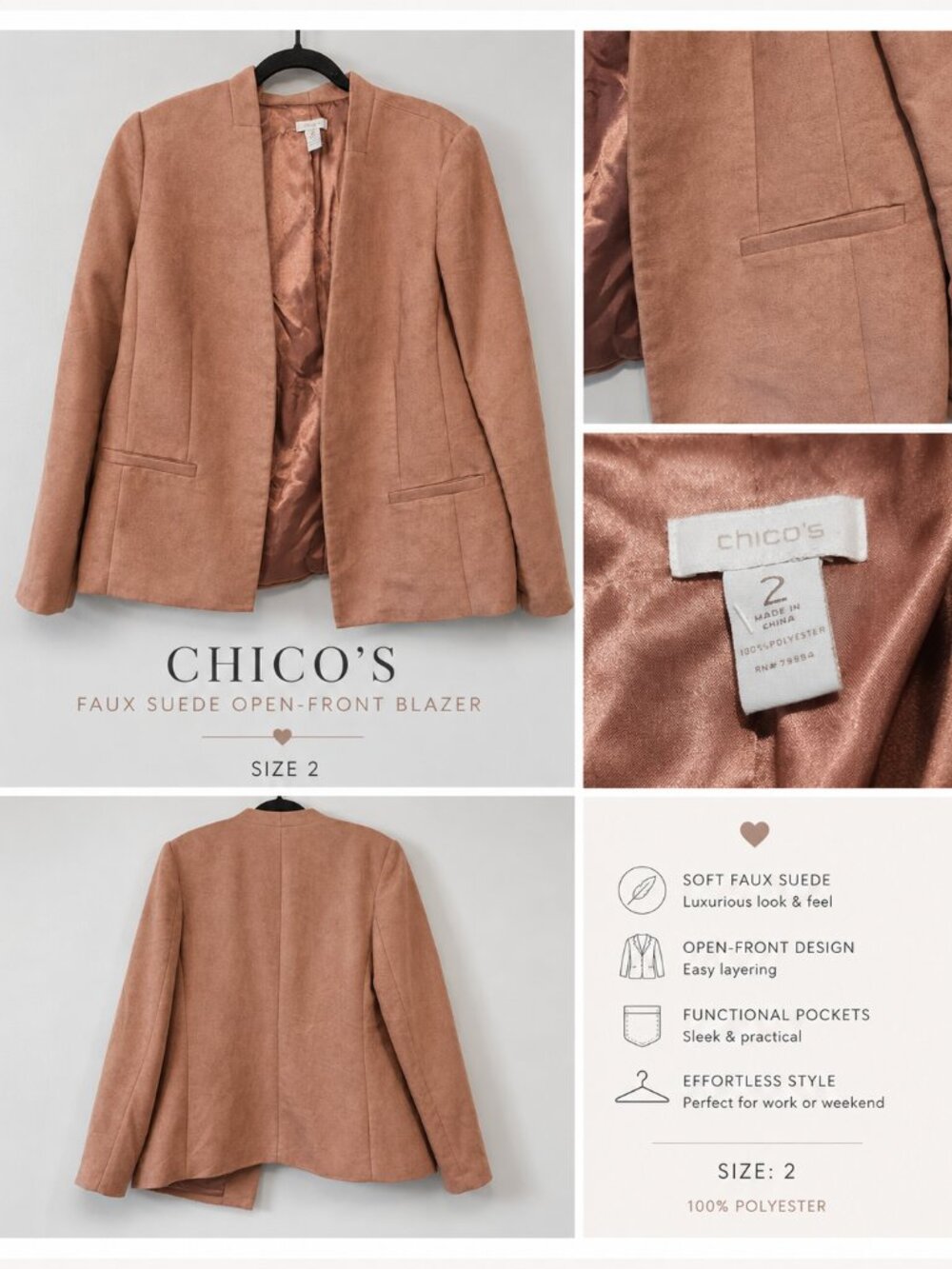 Chico’s Size 2 Blush Faux Suede Open Front Blazer Jacket GUC